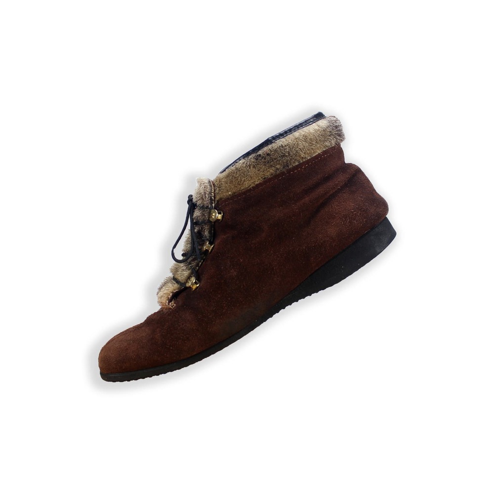 Vintage Suede Booties - Shearling Lined - Faux Fur Trim Shoes - Size 6.5